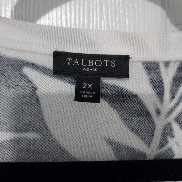 Talbots Woman White, Black & Green Bamboo Leaf Print Short Sleeve Cardigan 2X - Picture 2 of 10